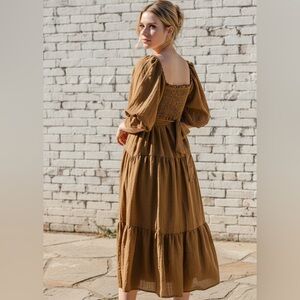 Boho Smocked Square-Neck Midi/Maxi Dress in Brown
